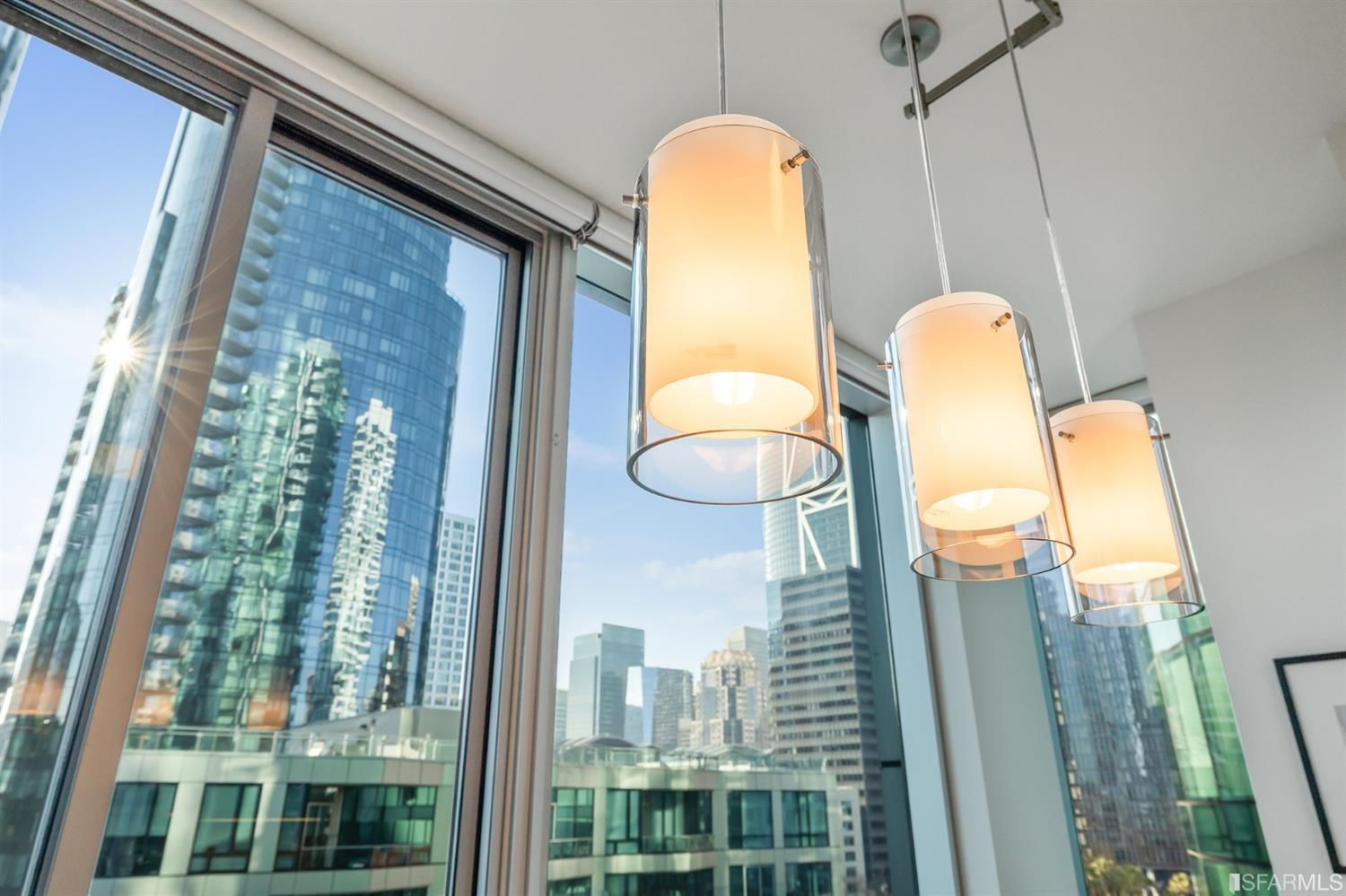 Dramatic outlooks through large windows with electronic window coverings.