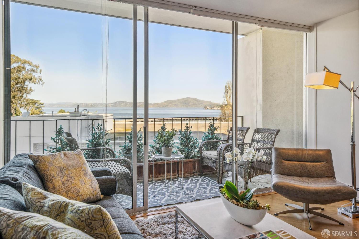 Living space, balcony overlooking Alcatraz and SF Bay