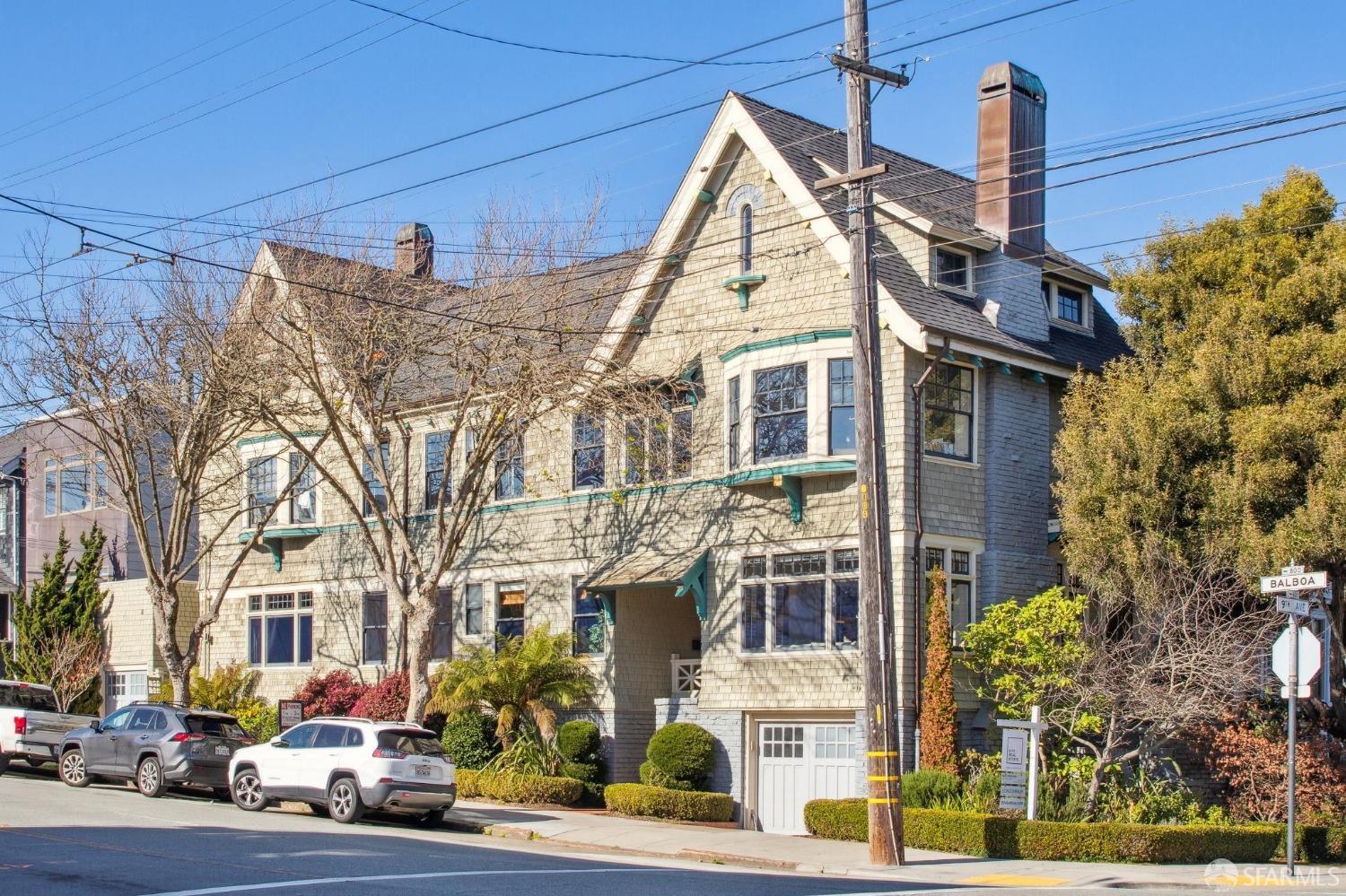 Beautiful home-like condominium with elegant Edwardian period details & modern finishes. This home is flooded with light! Full-floor flat with its own separate entrance; features warm wide-plank hardwood flooring throughout, a gracious entrance foyer with coat closet, & a corner living room with a wood-burning fireplace. There are three lovely bedrooms, a remodeled bathroom with shower over tub, and a powder room. The gorgeous eat-in kitchen has stainless appliances, subway tile backsplash, quartz counters, & a breakfast bar. Kitchen opens onto a sophisticated dining /family room, with a beamed ceiling, built-in china cabinet & oversized windows. Adjacent to the kitchen is a large laundry room with side-by-side washer/dryer, sink, ample storage & easy access to a sunny shared deck with a BBQ & seating area. Only one other unit in the building.  TONS of private storage in the basement plus a one-car private garage! This lovely home is situated in prime Inner Richmond near Golden Gate Park and nearby shopping and dining on Balboa and Clement Streets.